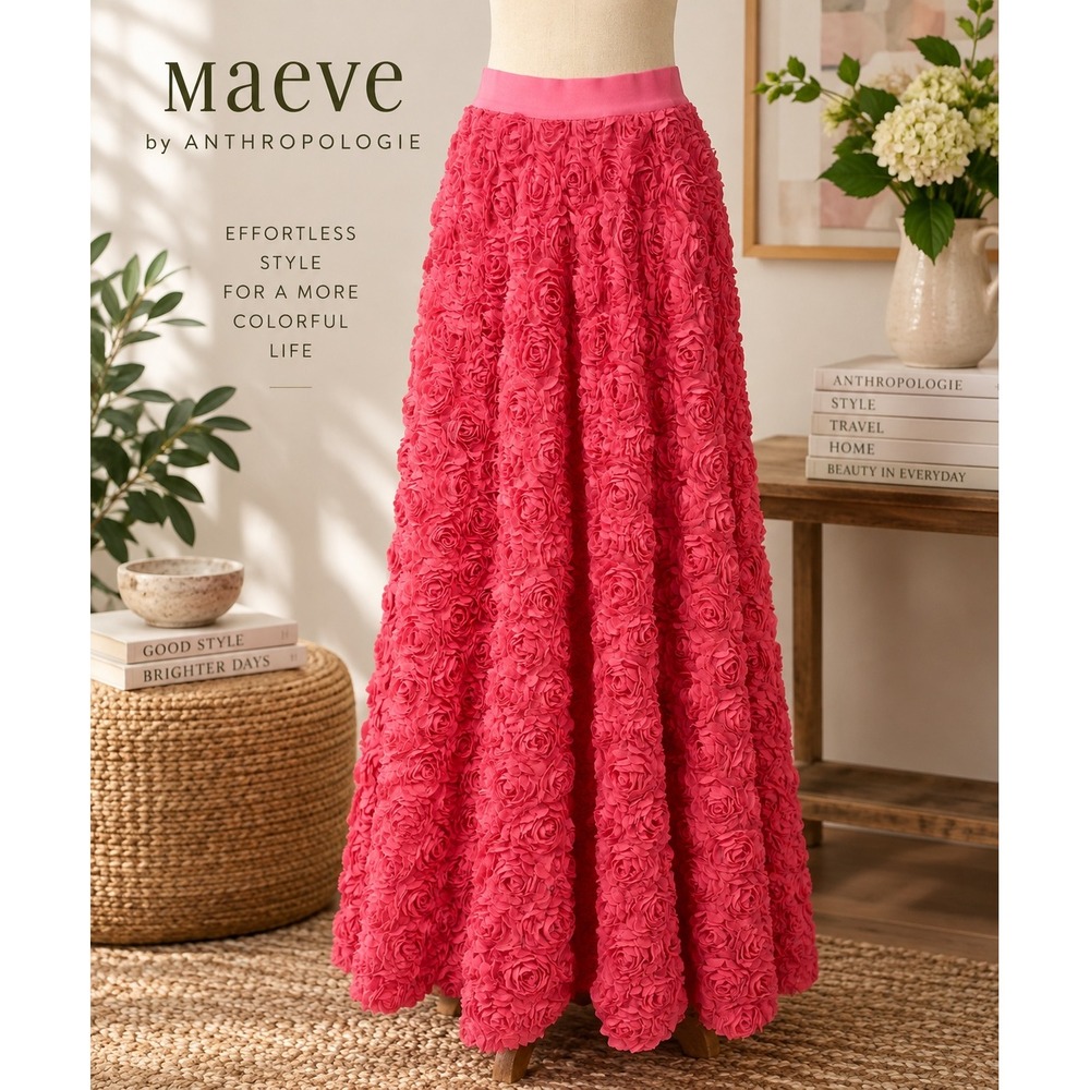 Maeve Anthropologie Rosette Maxi Skirt Womens XS Pink Floral Mesh 3D Skirt